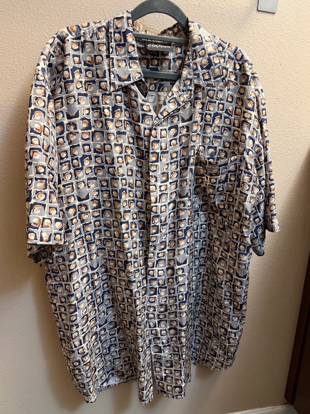 COLORE ITALIA SILK Luxury Button Down Short Sleeve Shirt Large Gray Gold Resort